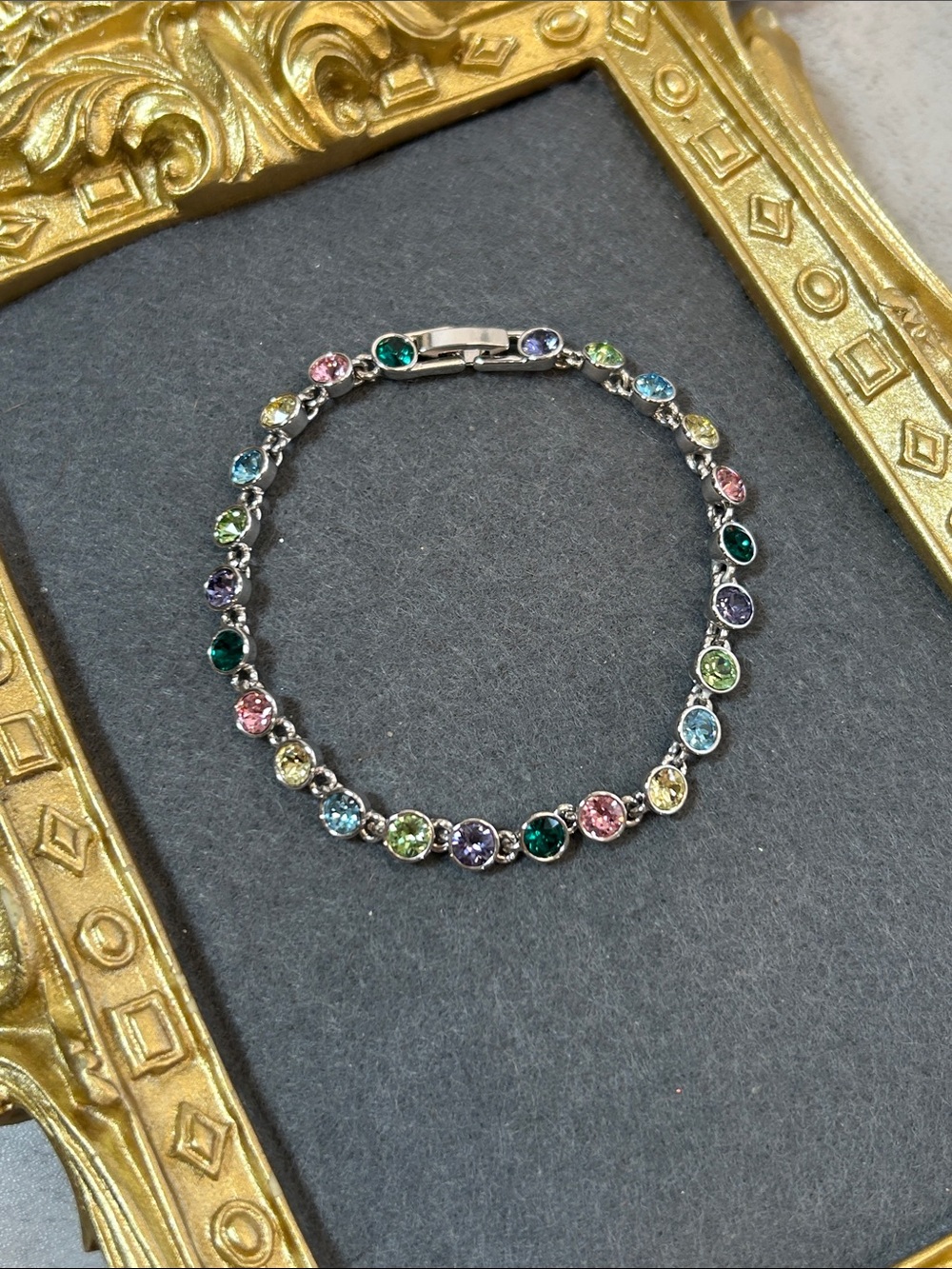 Multicolor Gemstone Crystal Tennis Bracelet - Silver Tone